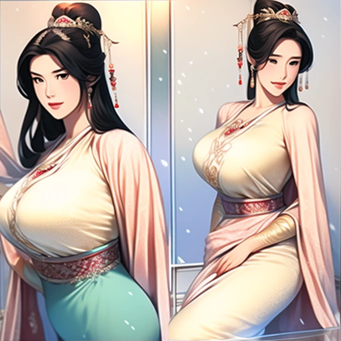 Ancient Chinese plump young women, Wearing sexy Hanfu long skirt, cleveage, Round and full breasts, The snow-white body is crying.