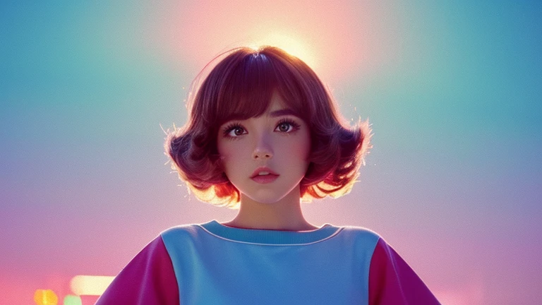 (Highest quality:1.2, City Pop Style, Very detailed, Latest, Vibrant, High Contrast, masterpiece:1.2, Highest quality, Best aesthetics), girl, ((Face Up Shot:1.4)), Colorful Hair, Bobcut, pastel colour, 1980s style, ((Retro, Vintage, Plain background))