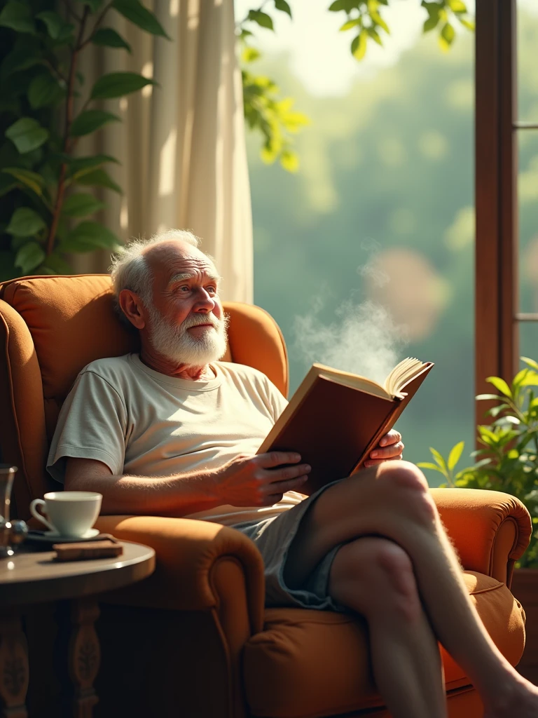 Show the oldman with no hair enjoying leisure time, perhaps lounging in comfortable clothing like a T-shirt and shorts, reading a book in a cozy armchair, or chilling in a hammock outdoors. This pose evokes a sense of relaxation and contentment.