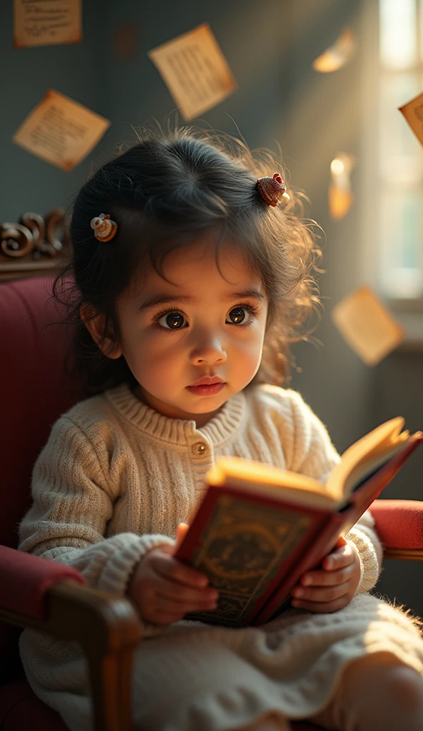Create UHD photorealistic realistic photo, no animation, no 3D image, no Pixar style animation, no extra fingers. 20-month-old French-Arabic girl with expressive eyes, sitting in a storyteller's chair, surrounded by floating storybook pages. Use Nikon D850 with 105mm f/1.4 lens. Soft, dreamy lighting with a touch of bokeh. Capture her animated expression mid-story. Enchanting studio portrait style.
