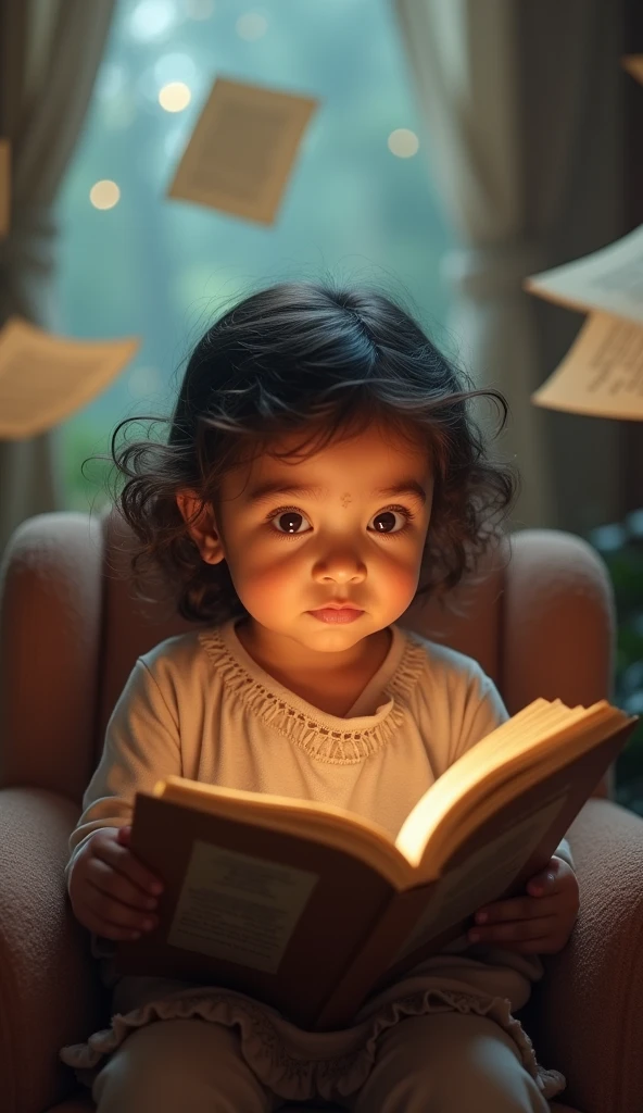 Create UHD photorealistic realistic photo, no animation, no 3D image, no Pixar style animation, no extra fingers. 20-month-old French-Arabic girl with expressive eyes, sitting in a storyteller's chair, surrounded by floating storybook pages. Use Nikon D850 with 105mm f/1.4 lens. Soft, dreamy lighting with a touch of bokeh. Capture her animated expression mid-story. Enchanting studio portrait style.