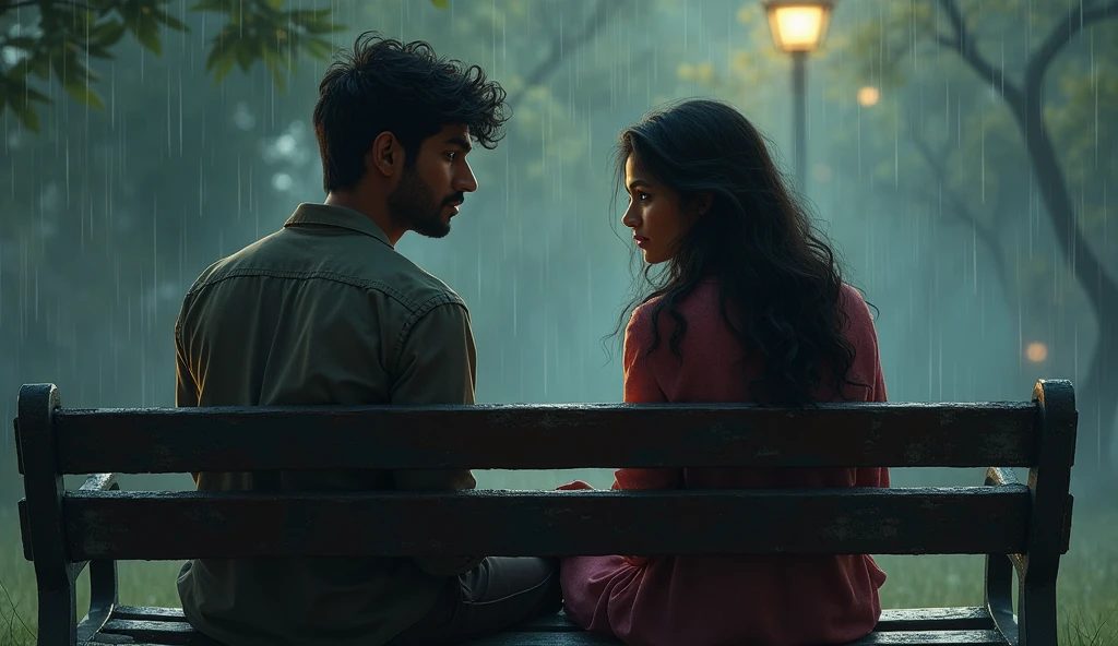 वर्णन: आयुष और अनुष्का बेंच पर बातचीत कर रहे हैं। आयुष चिंतित नज़र आ रहा है, उसकी भुजाओं में एक हल्की से गर्माहट है। अनुष्का की आँखों में चिंता और रहस्यमयी भावनाएं हैं। उनकी बातचीत के दौरान, बारिश की धुन पृष्ठभूमि में सुनाई देती है।