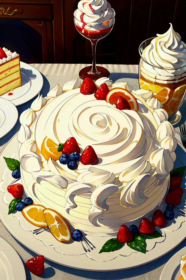 Create some very realistic homemade dishes, cake, table, fruits, Fresh cream, I don&#39;t want it to look more real.