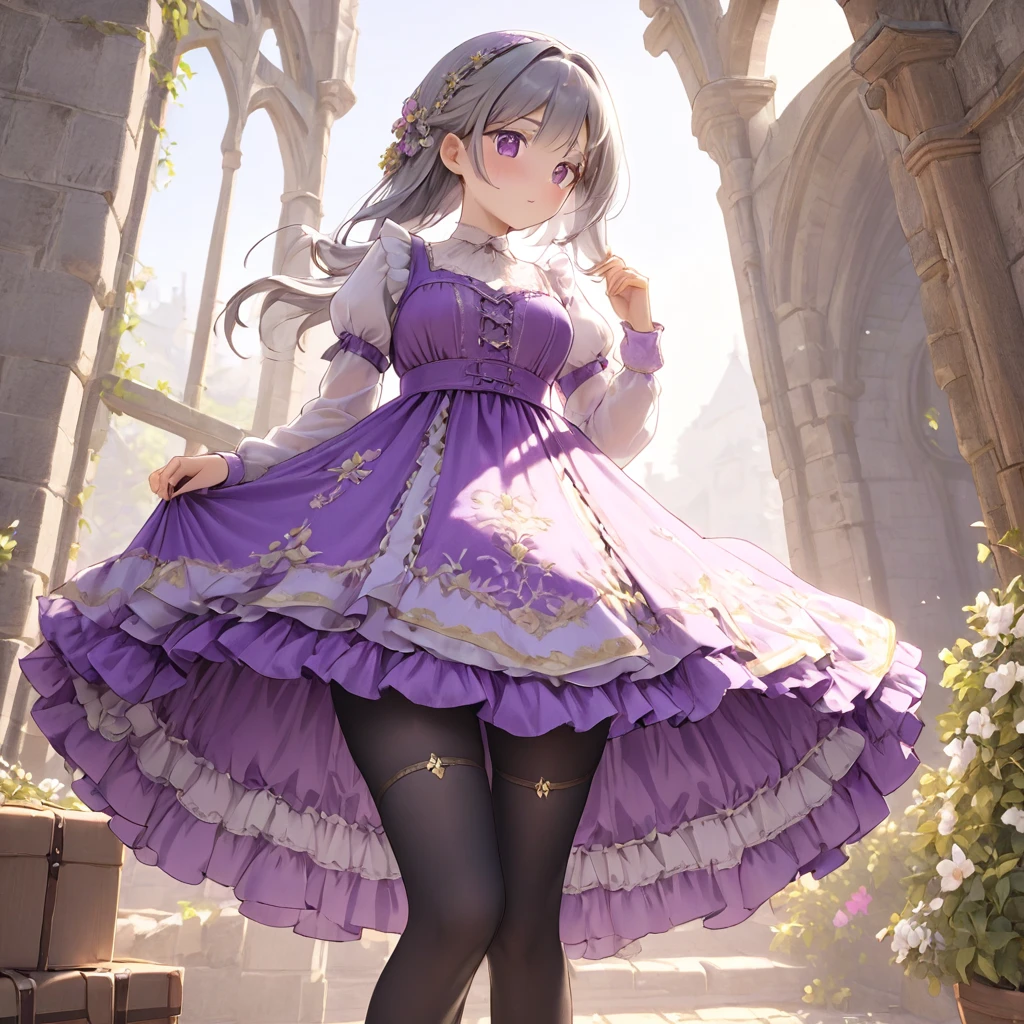 (Highly detailed CG Octane render 8k wallpaper), Girls Underwear, You can see real bloomers made from cotton fabric.., Medieval translucent with panniers(Purple and white)Long dress, Fabric Realism, Low - Angle, Pull up the dress by hand, Strong winds, Translucent slip, Translucent slip, tights, Highest quality, whole body, I can see your thighs, Silver and gold embroidery