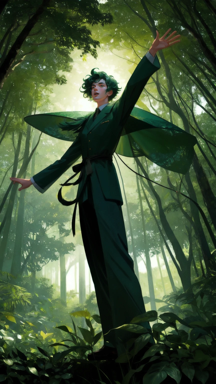 A dynamic illustration featuring a quirky wooden figure standing energetically on a stage in a dense green jungle environment. The character is posed as if delivering an enthusiastic speech, with its arms stretched wide and its expression exaggerated for comedic effect. Around the stage, vines and leaves curl and twist, adding to the natural setting. In the background, tall trees with a rich green canopy filter in soft, dappled sunlight, while curious creatures peek from the foliage, creating a lively and humorous atmosphere that feels like a forest rally or gathering.