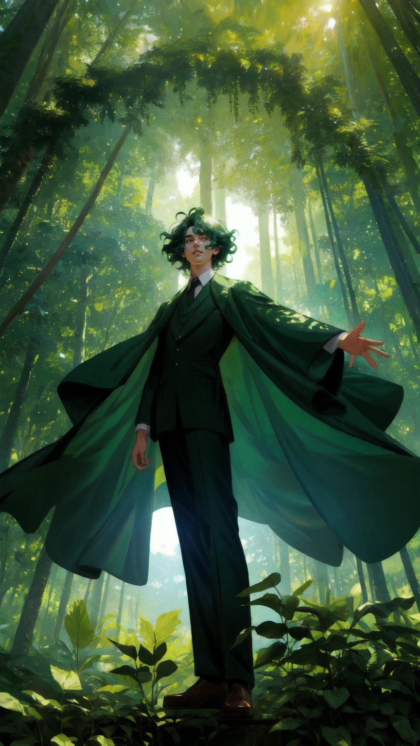 A dynamic illustration featuring a quirky wooden figure standing energetically on a stage in a dense green jungle environment. The character is posed as if delivering an enthusiastic speech, with its arms stretched wide and its expression exaggerated for comedic effect. Around the stage, vines and leaves curl and twist, adding to the natural setting. In the background, tall trees with a rich green canopy filter in soft, dappled sunlight, while curious creatures peek from the foliage, creating a lively and humorous atmosphere that feels like a forest rally or gathering.