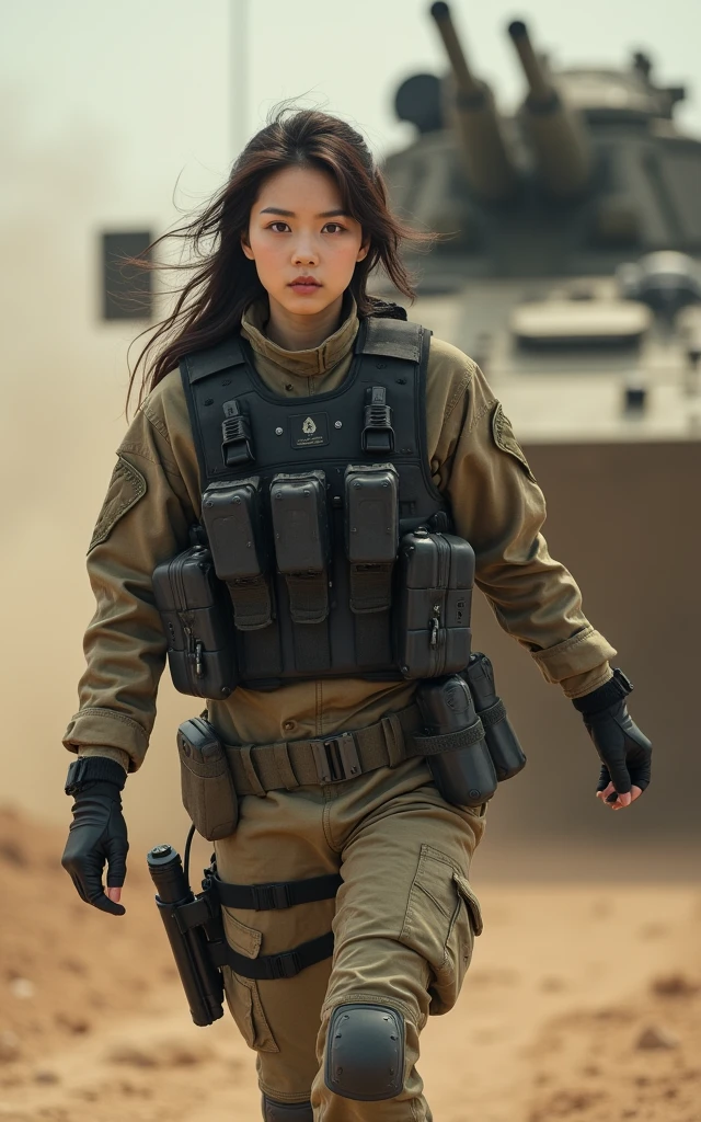 Ultra-high resolution,High-resolution details,Wearing Army Camouflage,Super sexy Korean soldier,Wearing a black military vest,Wearing a military helmet,Advanced and complete equipment,fully armed,Climbing onto the armored vehicle,close up(1 Korean female soldier,Super beautiful,Super fair skin,Super white face)full-body shot,panoramic,Wide-angle lens,Sand and dust flying,Smoke of war,explode,airplane