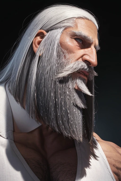 a big-nosed guy with long white hair and a failed mustache and an sharp beard sensualizing, well groomed moustache,  thick pronounced grey beard, grizzly hair, absurdly huge nose, hawk nose, big old man nose, convex nose, pronounced bridge and outward curve that protrudes from the base of the nose, dark skin, blue eyes, 80-years old man 
 