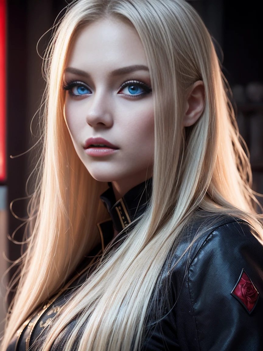masterpiece, of the highest quality, (Focus only), (perfect face:1.1), (High detail:1.1), (Hyper detailed eyes), dramatic, 1 girl, (blue eyes) , long blonde hair, vampire, by the wide, officer, evening, sensual lips, Whole body, huge , culona, castillo, art by artgerm, cinematic lighting, Red roses,
