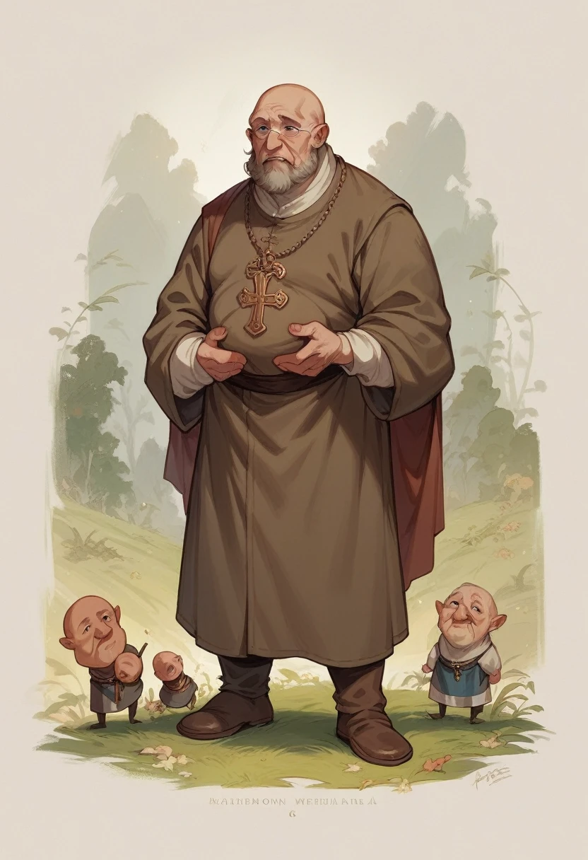 very old elderly monk ancient medieval priest with bald head and brown beard and brown hair around his uncovered head, full body.