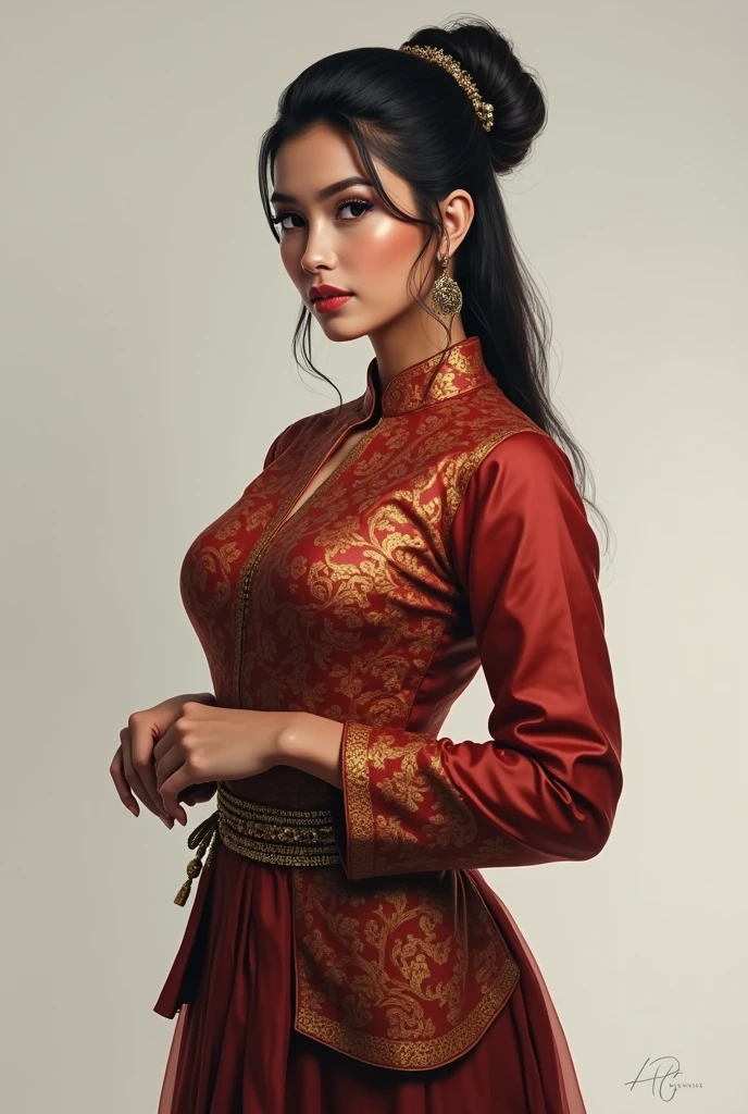(realistic, photo-realistic:1.4), (masterpiece, best quality:1.2), raw photo, high resolution, intricate details, Extremely detailed, Sharp focus, portrait, dynamic pose, Alone, 1girl, 3. Javanese woman. Round face. Cheeks are a bit chubby.the nose is quite pointed. lips are quite thick. Dark skinned. long hair. Medium bust. Body is a bit fat,lower lip is quite thick. wearing kebaya. wearing a bun