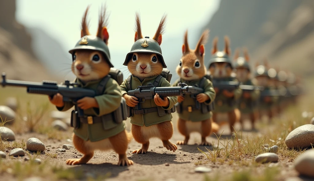 “Squirrel soldiers marching on the battlefield, wearing full military uniforms with helmets and miniature weapons, ready for combat.”