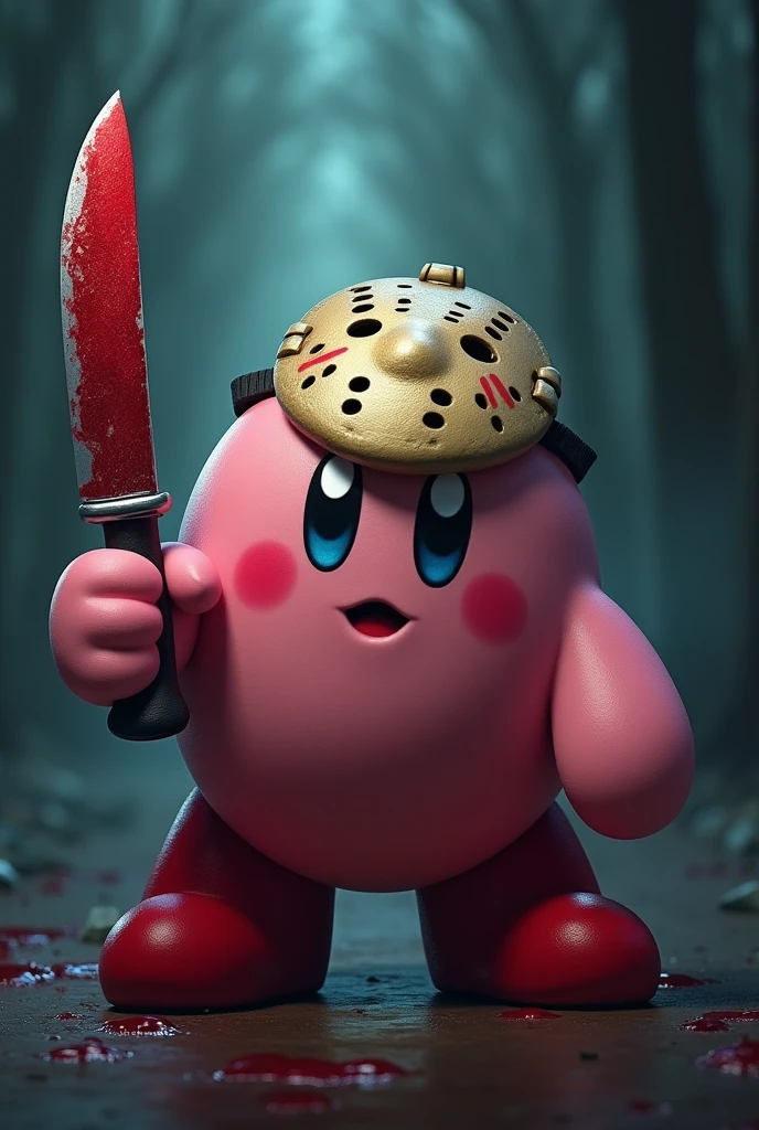 Kirby avec le masque de Jason de vendredi 13 avec un couteau en sang dans la main

