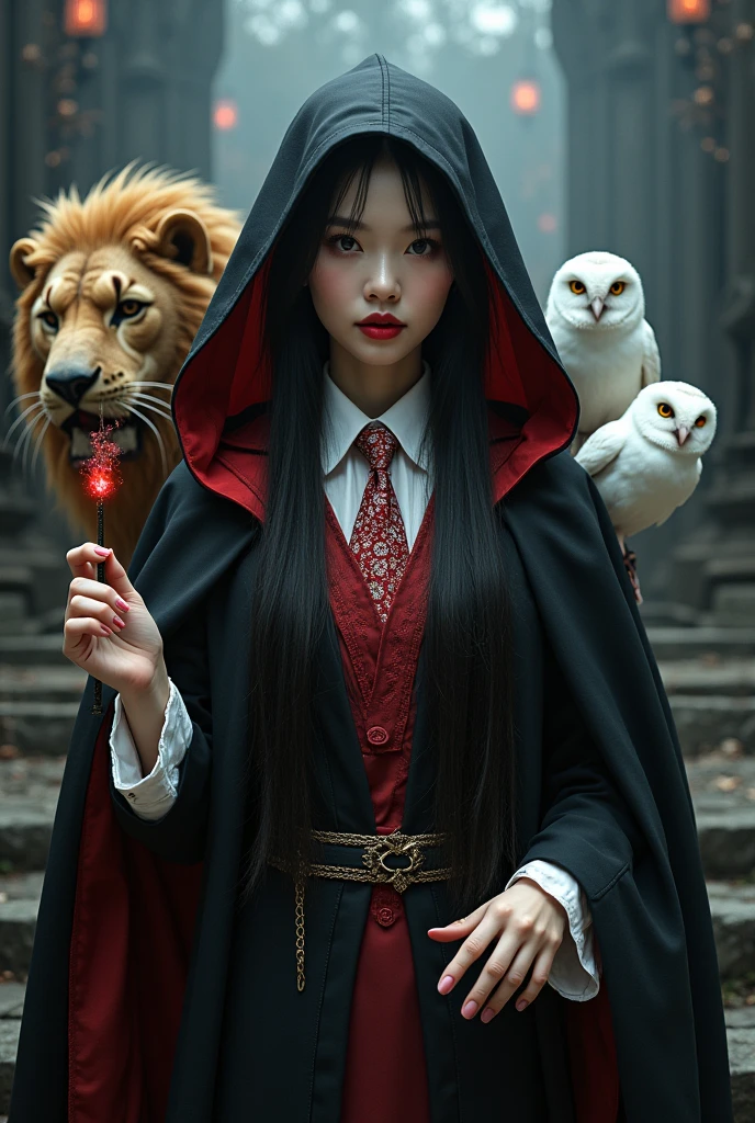 photo, asian woman, white skin, Facing straight, Fluffy black hair, Five long, slender fingers on each hand, Black witch cloak, Red Hood, black witch hat, White collared inner shirt, Red and white patterned tie, One hand holds the handle of a small magic wand., There were several red sparks and red smoke coming out of the wood., A white owl stands on the right shoulder., A large golden lion appeared from the left rear side., The background is an old black castle.
