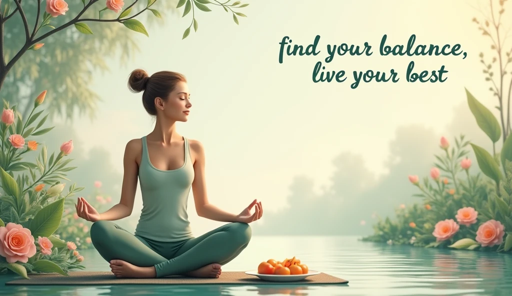 A serene background with soft, natural elements like flowing greenery, flowers, or gentle waves, balanced mix of wellness items like a yoga mat, healthy food, Incorporate imagery of a woman practicing yoga or meditation in nature. “Find Your Balance, Live Your Best” in a clean, modern font, Earthy tones like sage green, soft blues, and muted pinks to create a calming effect.