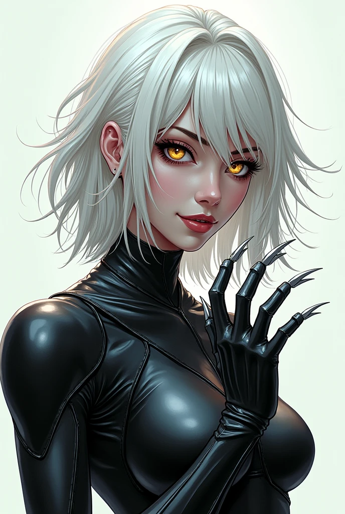 women with pale skin, Medium hair, White hair, hair over the shoulder, shag hairstyle, yellow eyes, smile, open mouth, Fangs, slit pupils, side-shields sunglasses, breasts, vibranium claws, tactical clothing(x men suit gloves), Very detailed, high quality, simple background, looking at the viewer, showing her vibranium claws, anatomically correct, High resolution, character design, full body, comic style art