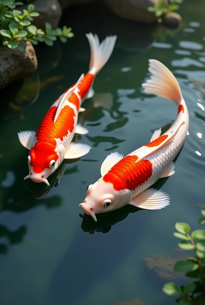 (photorealism:1.2), beautiful tancho koi fish, swim in the pond natural. With red and white colors on body