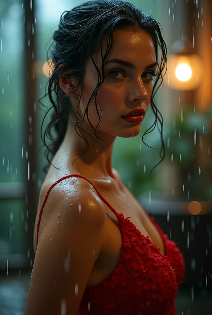 (best quality)), ((masterpiece)), (detailed), glammed up woman caught in a downpour, wet hair, wet clothes, soaked, dripping wet, indoors, full length shot
