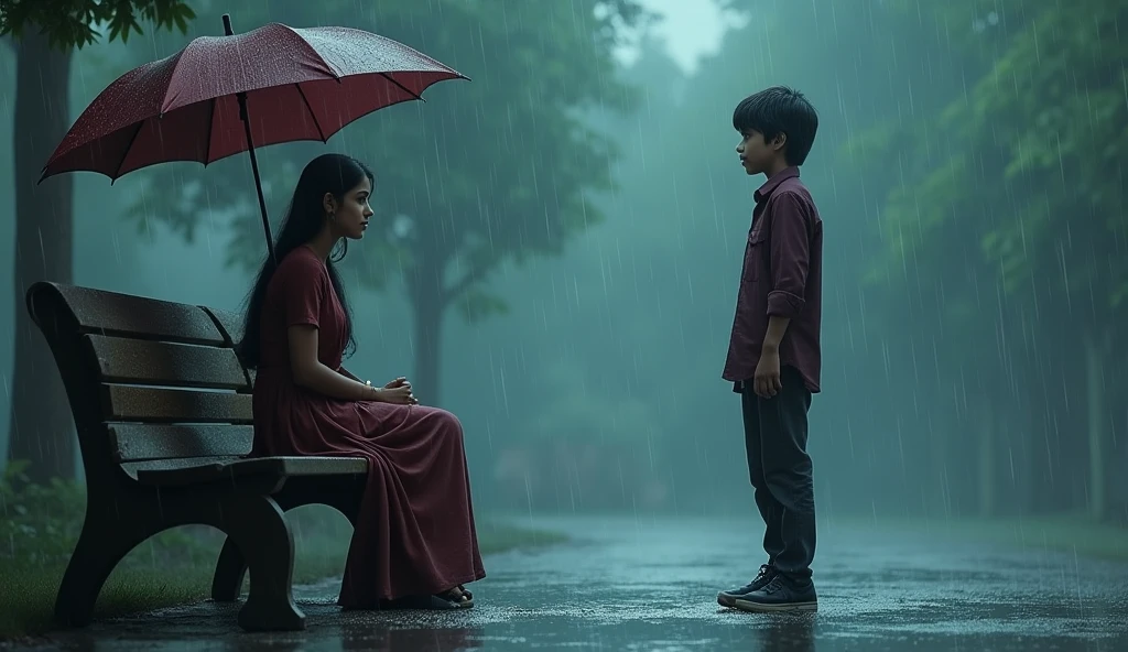 वर्णन: अनुष्का बेंच पर बैठी हुई है, बारिश से बचने के लिए उसकी छतरी आधी खुली हुई है। आयुष उसके सामने खड़ा है, उसकी टेंशन भरी आँखें अनुष्का पर ध्यान दे रही हैं। बारिश की बूंदें उनके आस-पास गिर रही हैं, और बेंच पर एक हल्का पानी जमा हो रहा है।