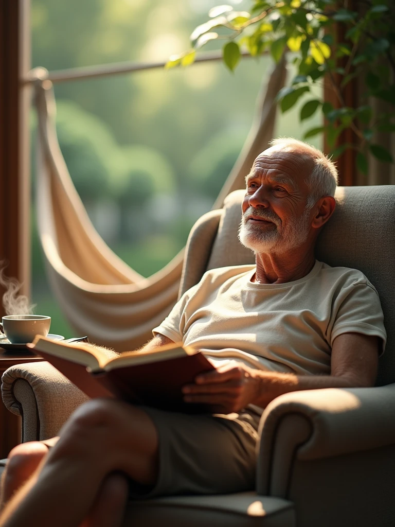 Show the oldman with no hair enjoying leisure time, perhaps lounging in comfortable clothing like a T-shirt and shorts, reading a book in a cozy armchair, or chilling in a hammock outdoors. This pose evokes a sense of relaxation and contentment.