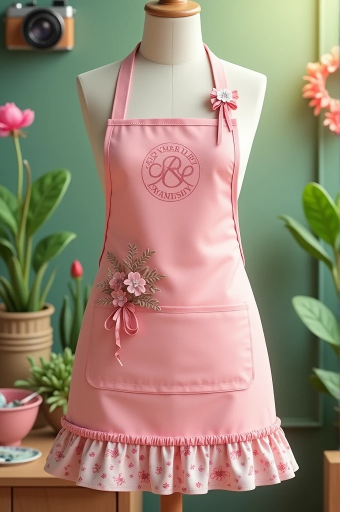 Cute pictures of aprons, with logo, in pink tone + CAM + green
