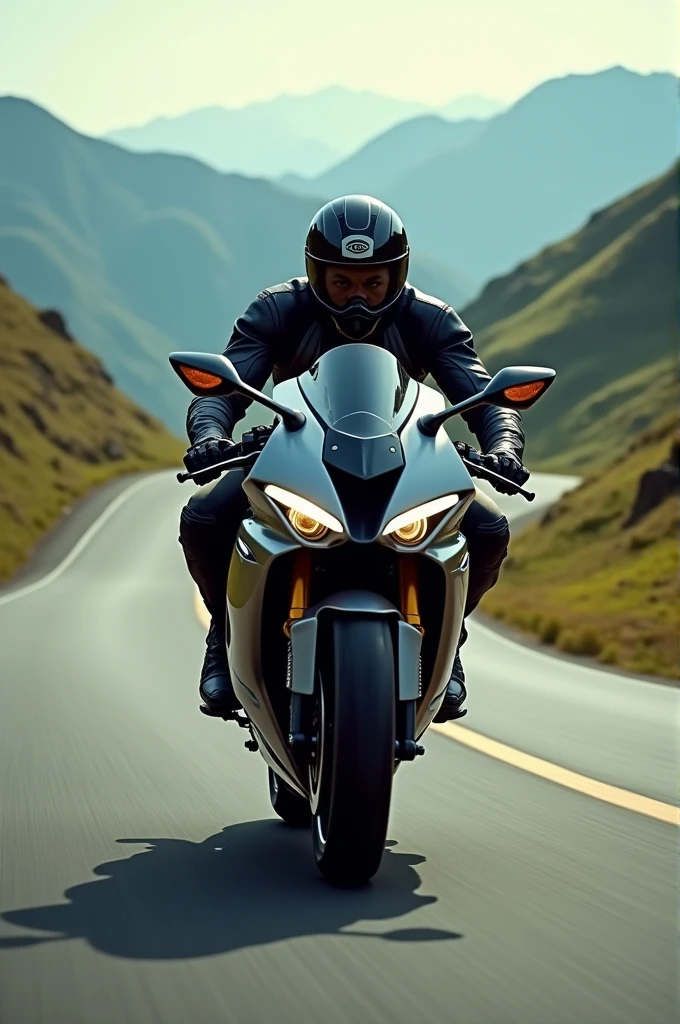 A rider riding motar bike in hills and road