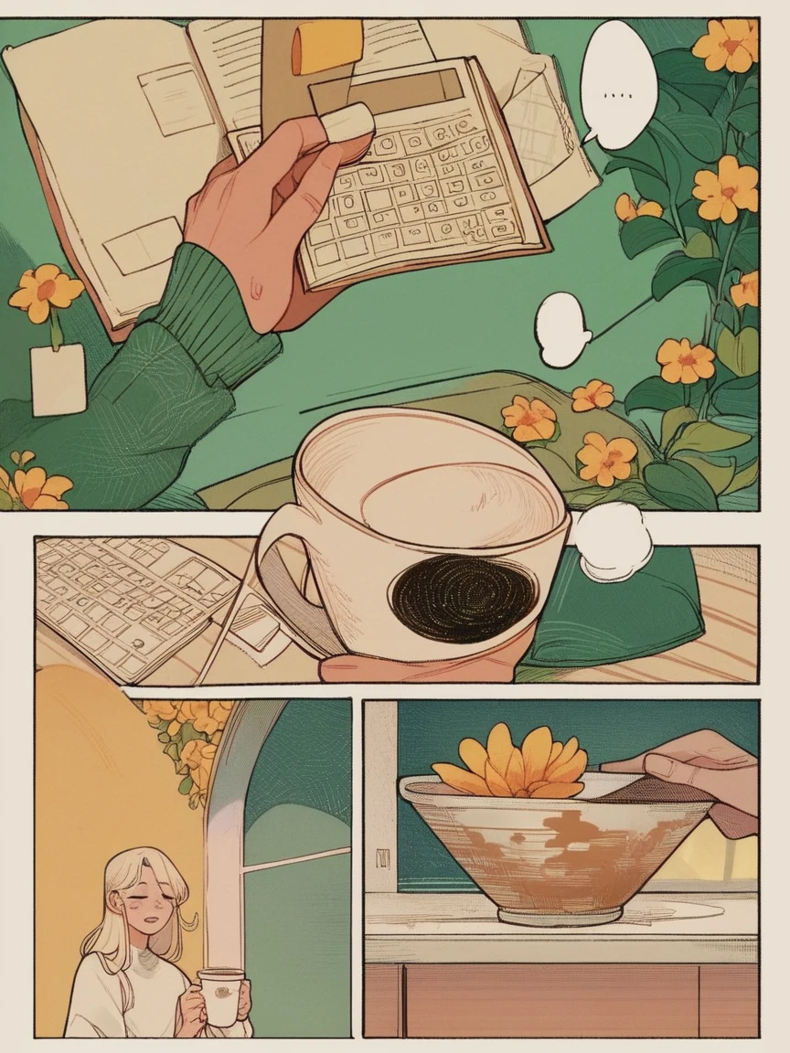 score_9, score_8_up, score_7_up, score_6_up, p4n3ls, 1girl, 1boy, coffee, flowers, long hair, panels, (8k, best quality, master piece: 1.2),super high resolution,A page of a soft pastel colored comic book divided into frames、Romeo and Juliet、A princess falls in love with a prince、speech bubble、Powerful girl manga style