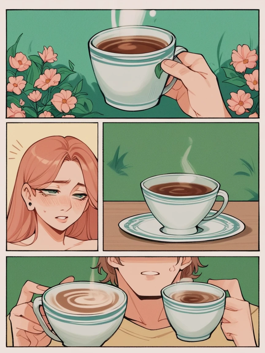 score_9, score_8_up, score_7_up, score_6_up, p4n3ls, 1girl, 1boy, coffee, flowers, long hair, panels, (8k, best quality, master piece: 1.2),super high resolution,A page of a soft pastel colored comic book divided into frames、Romeo and Juliet、A princess falls in love with a prince、speech bubble、Powerful girl manga style