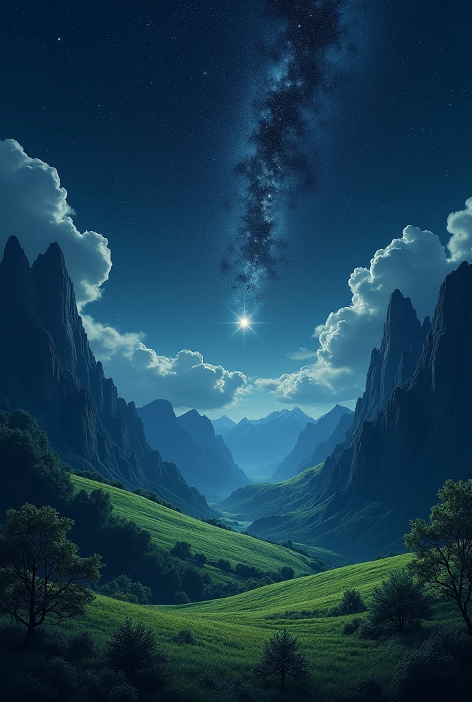 So I want an background image which is look like sky with stars mountains green grasses for my shayri which written infront of it looks real and darkish look also in sky able to see universe which give more beautiful look for image
