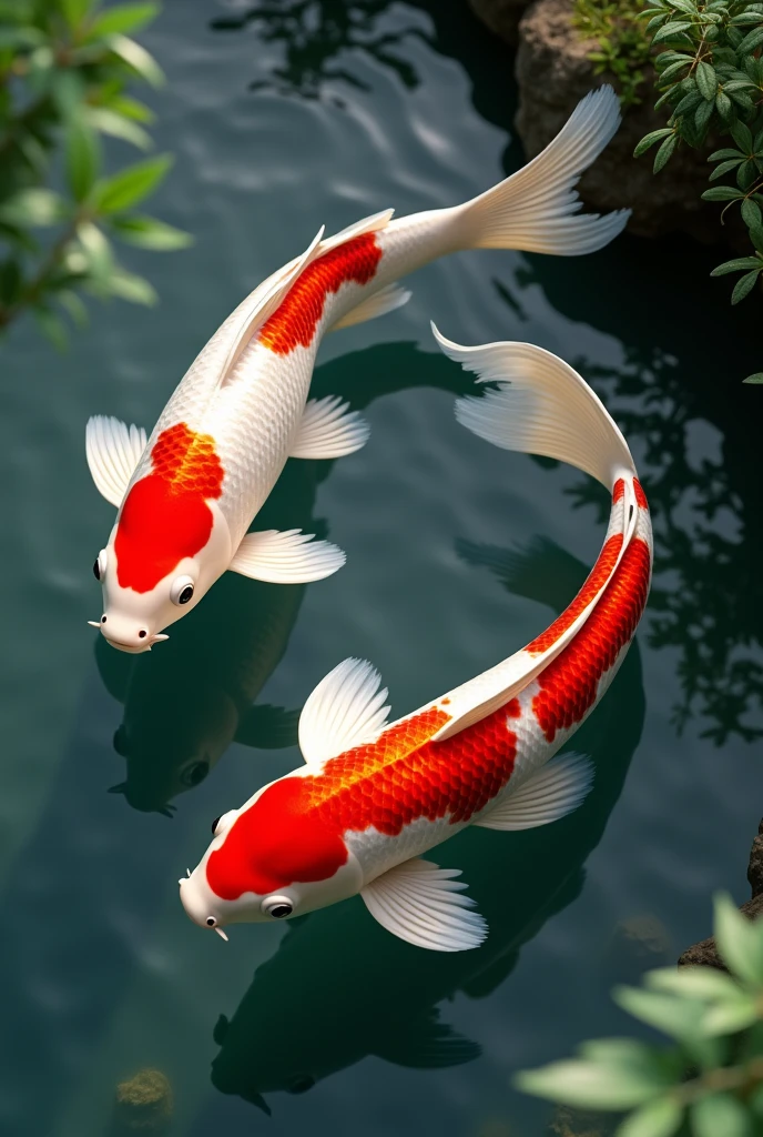 (photorealism:1.2), beautiful tancho koi fish, swim in the pond natural. With red and white colors on body