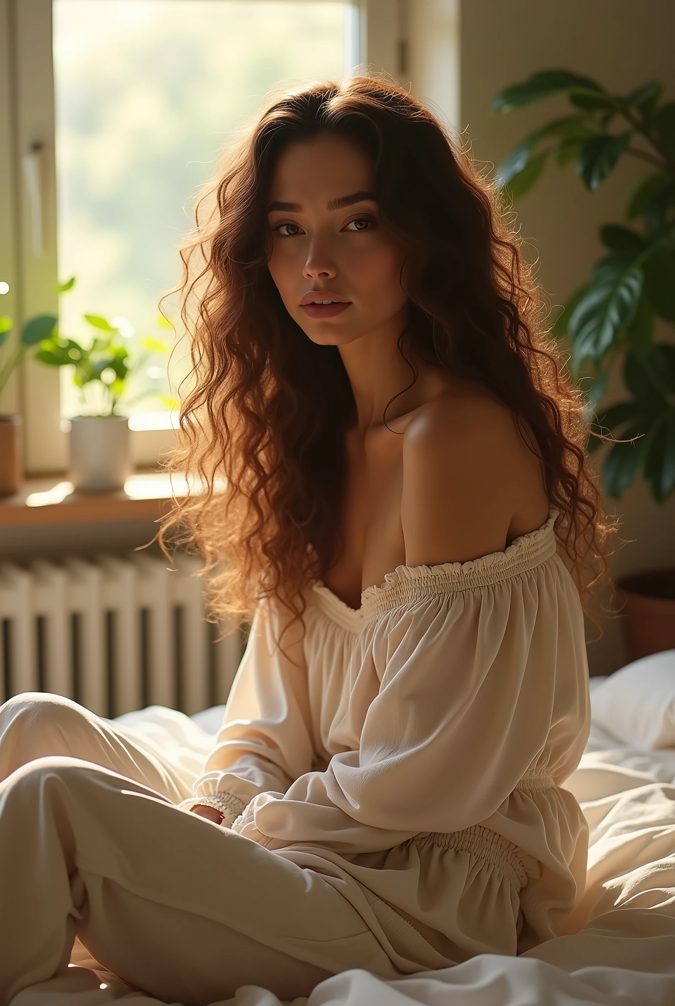 (photorealism:1.2), beautiful woman, sitting on bed, wearing loose off-shoulder top, pajama pants, long curly hair, indoors, soft lighting, plants in background, window with sunlight, cozy room, relaxed pose, realistic, intricate details, warm colors, by Greg Rutkowski, by Alphonse Mucha