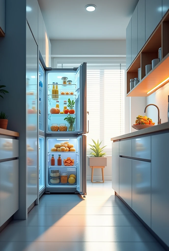 Open view of refrigerator in one point perspective