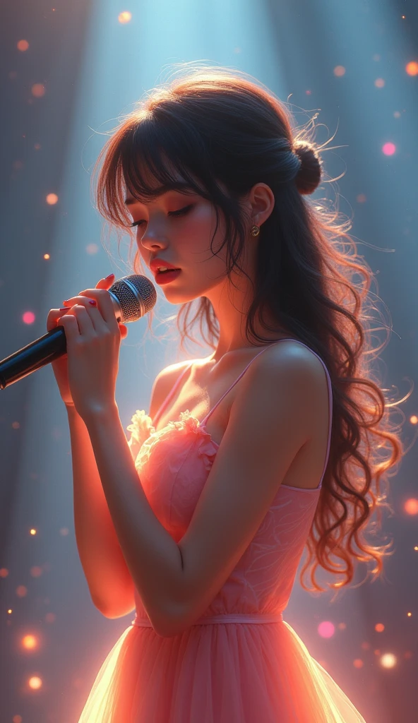 Very beautiful idol singer, Lonely face, singing, whole body, Bright lighting