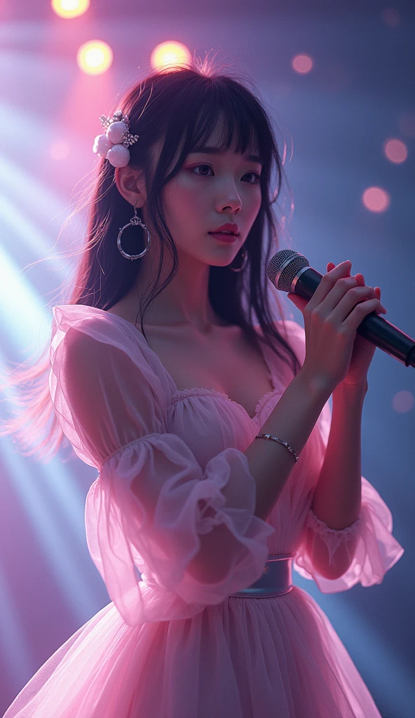 Very beautiful idol singer, Lonely face, singing, whole body, Bright lighting