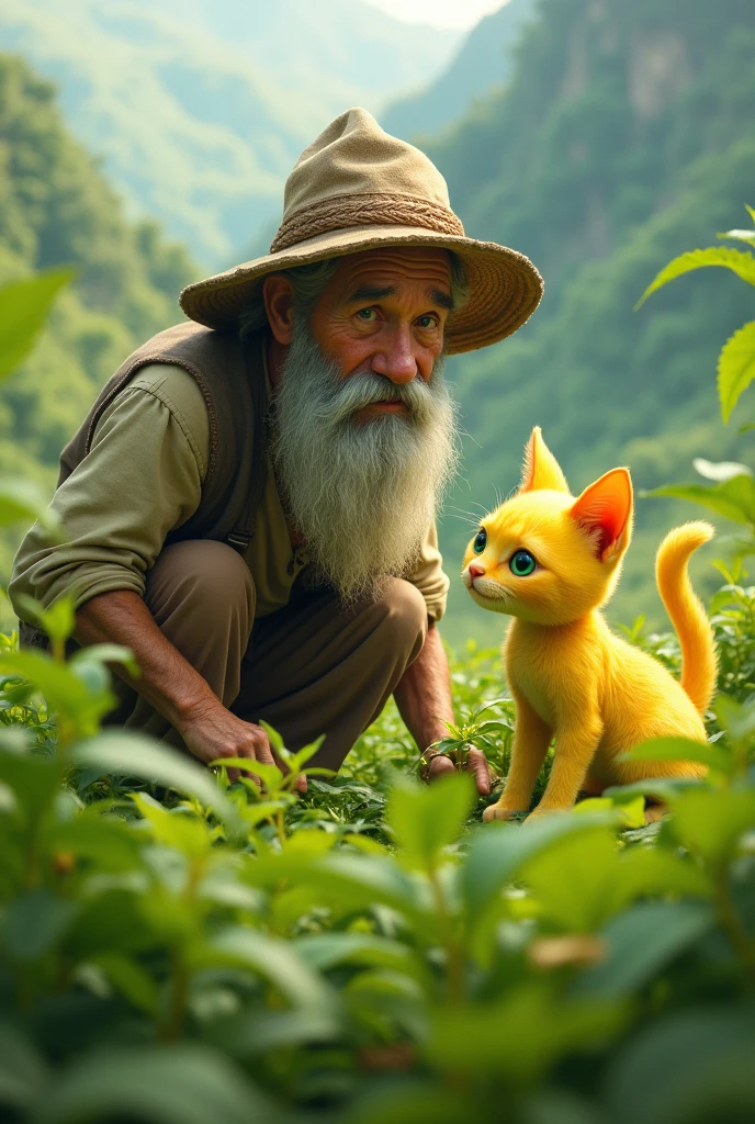 **Farmer in Field**: A middle-aged farmer in traditional clothes, working in a vibrant green field, spots a small, yellow lemon-shaped cat with bright yellow fur and glowing green eyes.