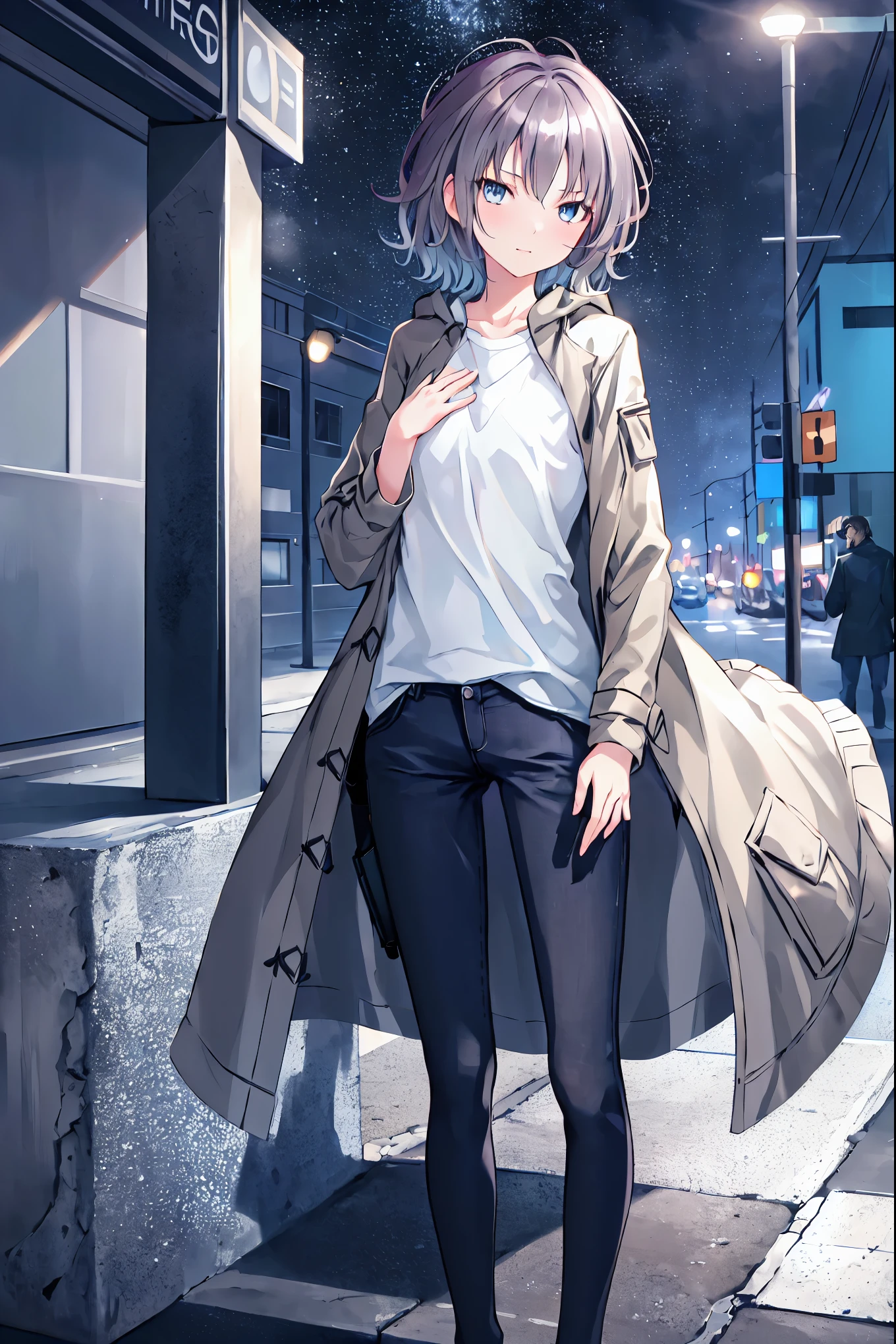 Brown Hair，Shortcuts，Messy Hair，Slender beauty，A dignified posture，Small chest，Beautiful feet，Her captivating grey-blue eyes shine like stars，，One girl,City of night,rain,coat,Put your hands in your pockets, Face Focus, (3d, CG, Ray Tracing, Intricate details, give)