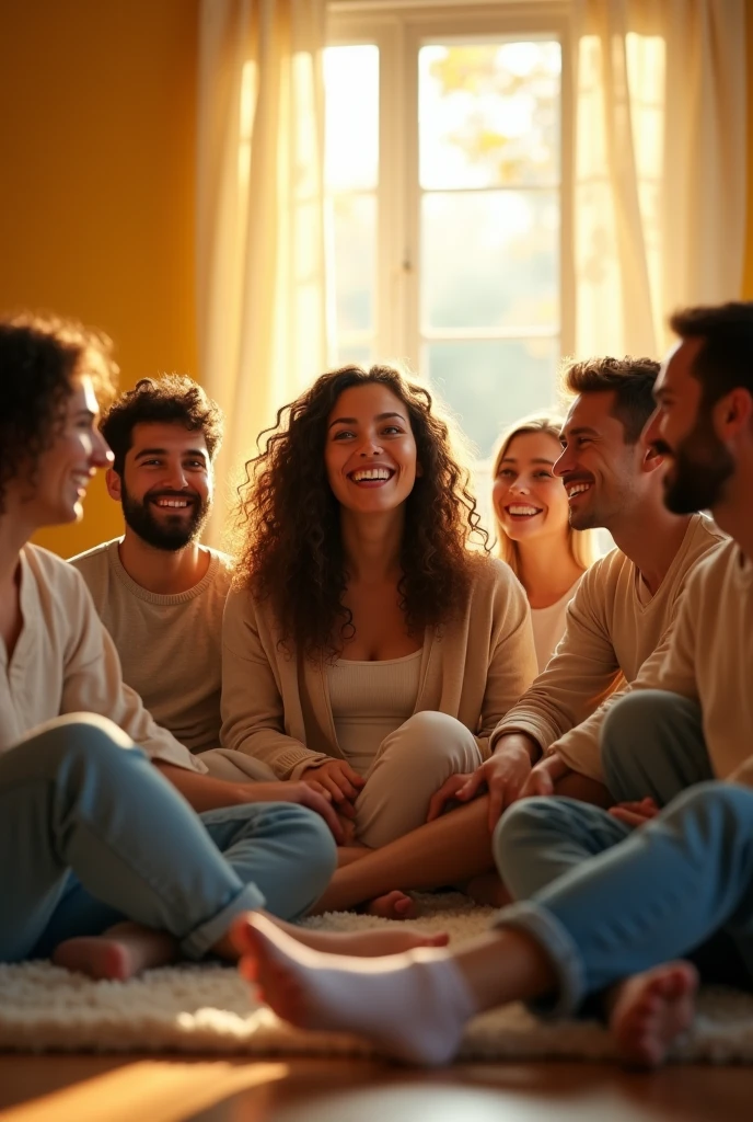 (Photorealism: 1.2), happy woman, outdoor lawn, comfortable clothes, several men and women, long curly hair, indoors, soft lighting, yellow background, window with sunlight, cozy room, comfortable pose wearing socks, happy man, warm colors,