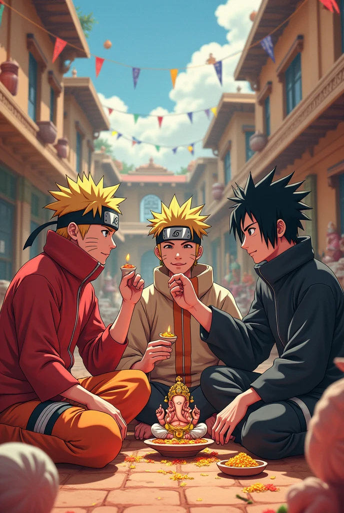 Naruto and Obito and itachi and Sasuke are  celebrating Ganesh chaturthi