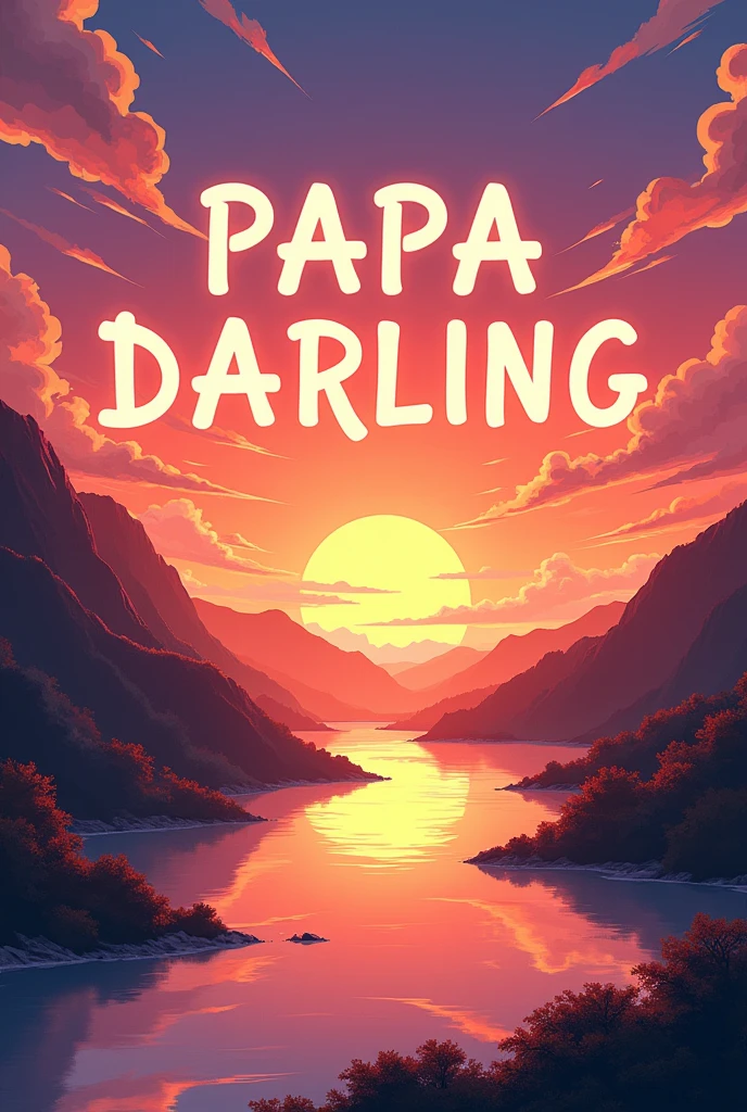 An animated beautiful sun set in Japan with the letters PAPA DARLING in capital and bold