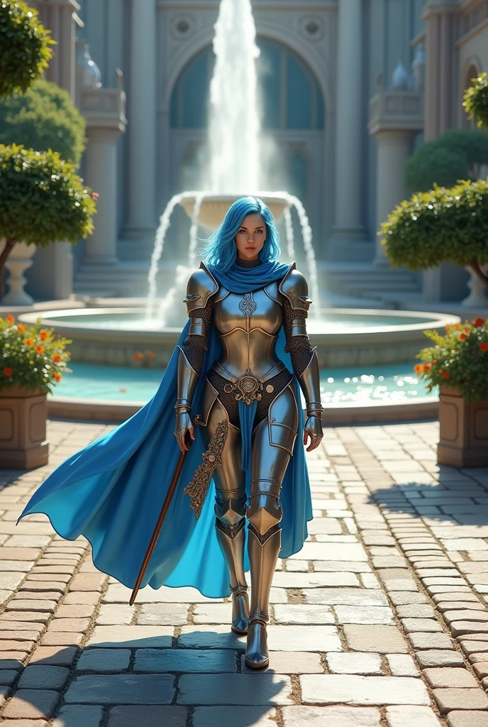 a young and beautiful female knight with blue hair walking gracefully in her silver paladin armor in the courtyard inside the castle. in her waist is a royal silver estoc granted from the king, the proud weapon of the royal knight. She's wearing an elegant silky blue cape, and behind her follow a few squire with light armor walking . the courtyard's floor is made of unique and beautiful cobblestone with transluscent color. in the middle of the courtyard is a magnificent fountain in the shape of a dragon bursting water from its mouth. many golden fish are swimming cheerfully in the golden pond. there are nice beautiful trees planted around the courtyard making the place unforgettable for those who ever step in the courtyard