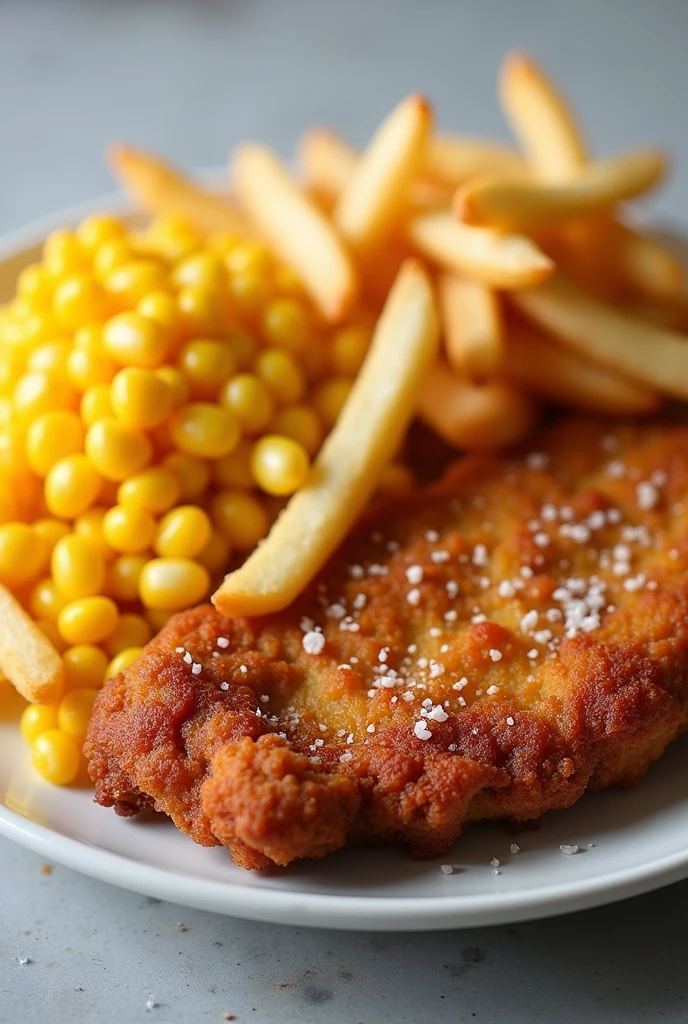 French Fries,Fried chicken steak,Corn kernels on a plate