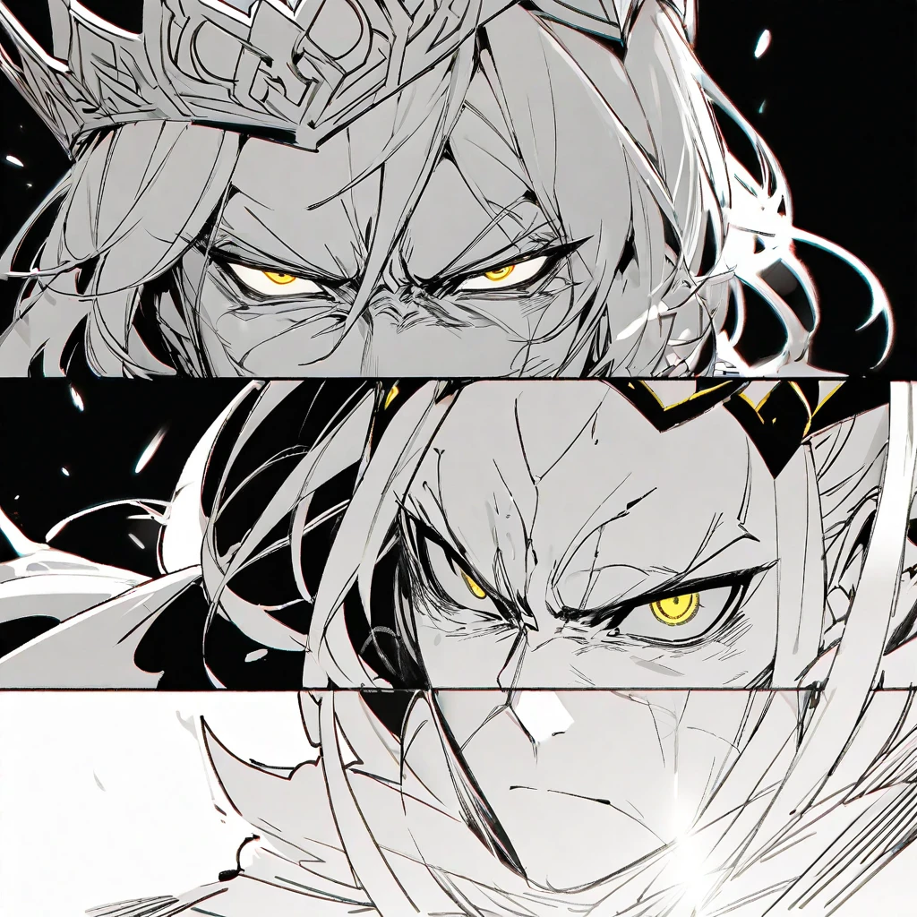 upper body,独奏,male,Wrinkles on face,The strict king,Whitebeard,Sharp Eyes,crown,Cape, (monochrome:1.5),white flat color,sketch,black background,simple background,
BREAK,Shining,gold eyes,BREAK,Serious expression,Close-up