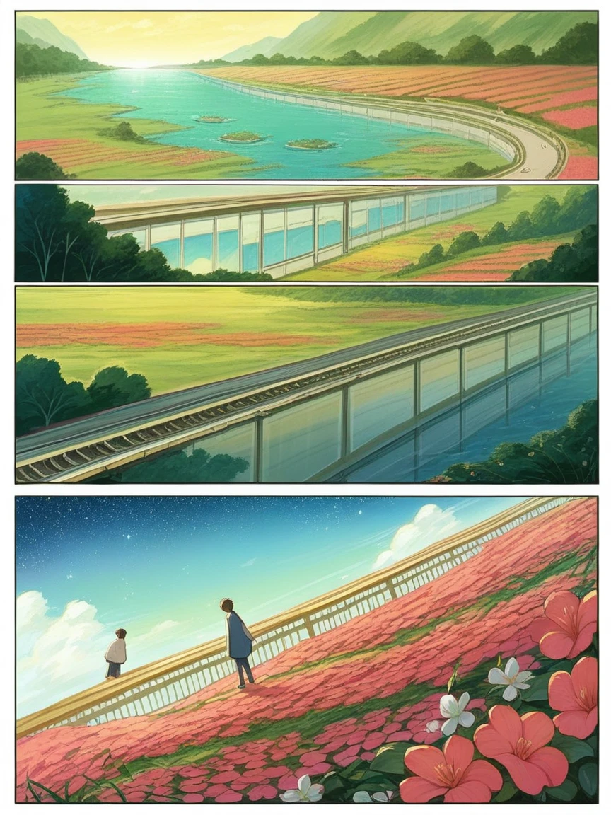 score_9, score_8_up, score_7_up, score_6_up, p4n3ls, 1girl, 1boy, flowers, long hair, panels, comic strip,Cartoon Split(4 or 5 or 6 tiles),Storyboard,Masterpiece, Anime train passing through bodies of water on tracks, Bright starry sky. Romantic train, Makoto Shinkai's picture, Pisif, concept-art, Lofi art style, Reflection. By Makoto Shinkai, Lofi art, beautiful anime scenes, Anime landscape, Detailed scenery —width 672, in the style of makoto shinkai, Makoto Shinkai's style, Enhanced detail.