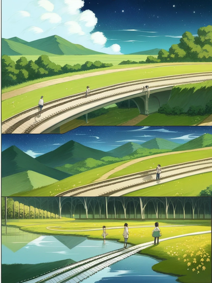score_9, score_8_up, score_7_up, score_6_up, p4n3ls, 1girl, 1boy, flowers, long hair, panels, comic strip,Cartoon Split(4 or 5 or 6 tiles),Storyboard,Masterpiece, Anime train passing through bodies of water on tracks, Bright starry sky. Romantic train, Makoto Shinkai's picture, Pisif, concept-art, Lofi art style, Reflection. By Makoto Shinkai, Lofi art, beautiful anime scenes, Anime landscape, Detailed scenery —width 672, in the style of makoto shinkai, Makoto Shinkai's style, Enhanced detail.