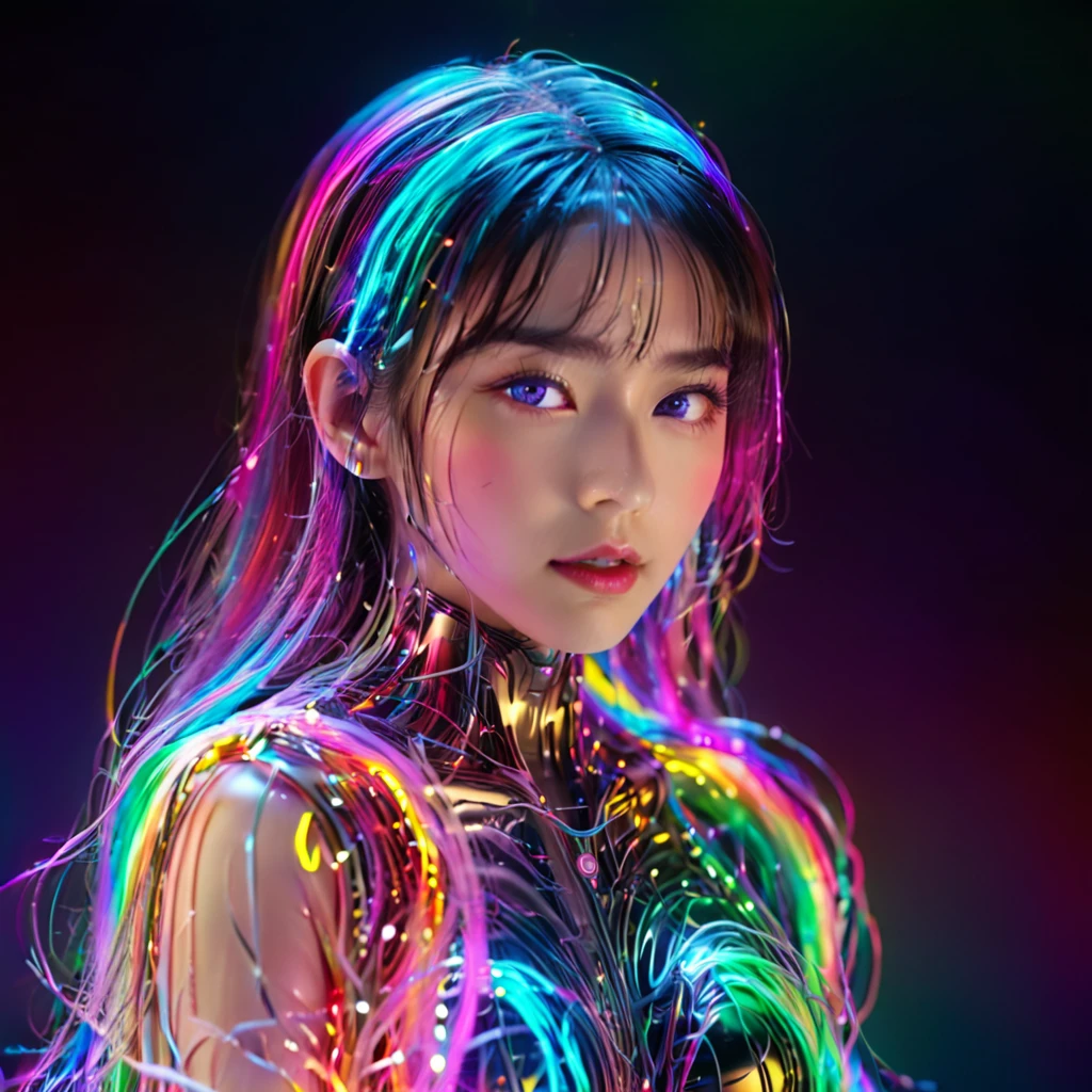 Ultra-Realistic Capture,18k,RAW Photos,Highest quality,masterpiece,reality,Very detailed,Very beautiful woman,Android,cyborg,cyber-,(((whole body))),(Very detailedな電子機器),(Skin that clearly shows the internal electronics),Very thin connecting wire,whole body接続ライン,Fully transparent rainbow skin,Advanced AI,neon,Small glowing LED light,very long untidy hair,Are standing,