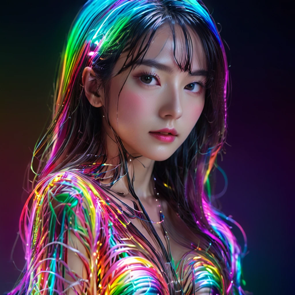 Ultra-Realistic Capture,18k,RAW Photos,Highest quality,masterpiece,reality,Very detailed,Very beautiful woman,Android,cyborg,cyber-,(((whole body))),(Very detailedな電子機器),(Skin that clearly shows the internal electronics),Very thin connecting wire,whole body接続ライン,Fully transparent rainbow skin,Advanced AI,neon,Small glowing LED light,very long untidy hair,Are standing,