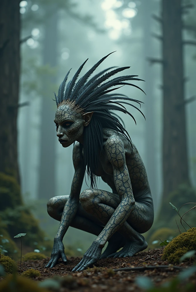 Generate a highly detailed and atmospheric scene of a mystical forest creature crouching in a misty woodland setting. The creature has an otherworldly appearance, with intricate body paint resembling cracked earth, and wears elaborate feathered adornments, including a headdress made of dark and light feathers. The creature's face is partially masked, with sharp, angular features and intense, almost haunting eyes. The environment around is dense with fog, with tall trees and a moody, ethereal ambiance, emphasizing the creature's connection to the mystical forest.