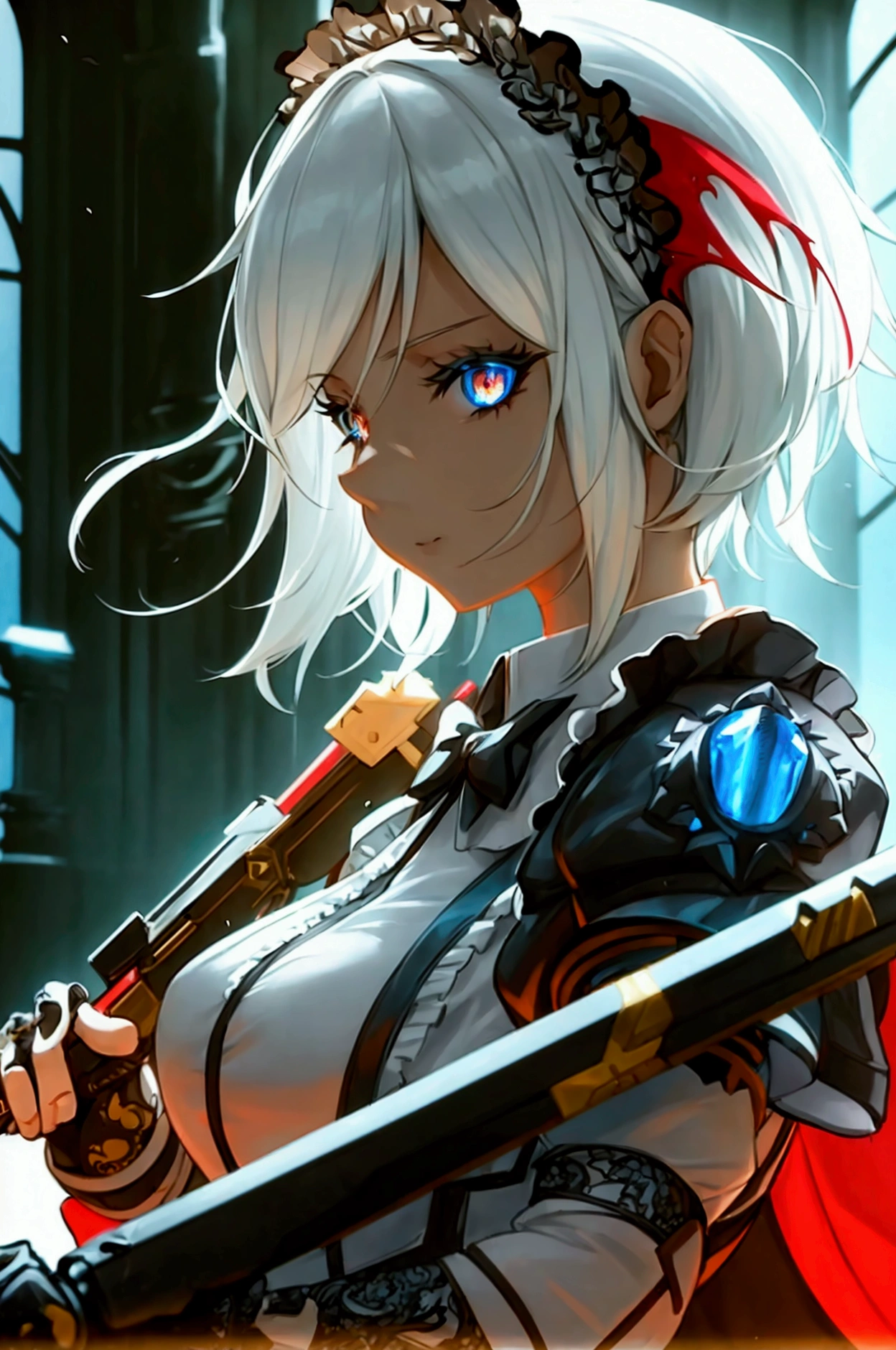 one girl, dynamic pose, extremely detailed, simple colors, holding weapon, battle maid, beautiful, anime style, psychopath like theme, short white hair, full body, intricate details, dramatic lighting, cinematic composition, high contrast, vibrant colors, chiaroscuro, digital art, concept art, masterpiece, hyper-realistic, 8k, HDR, photorealistic, detaled outfit, full body