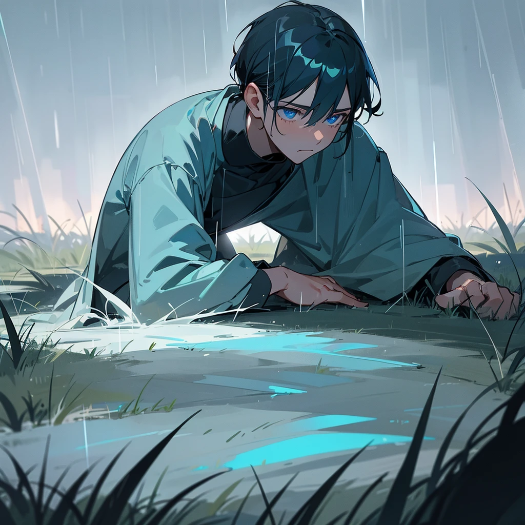 A man laying on a plain of grassy ground teary glowing blue eyed, the surrounding is raining heavily with dark black sky ,making a melancholic and nostalgic vibe