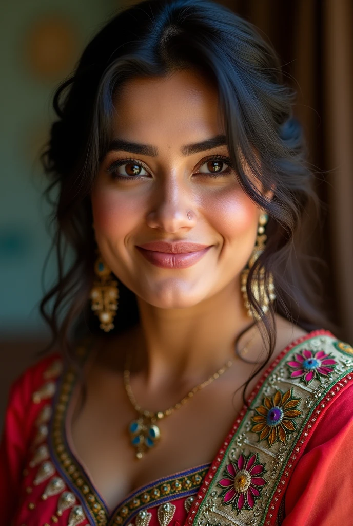 A Pakistani woman. Cute and beautiful. Heavy body shape. Real face. Wearing punjabi style kurti.High Resolution, fat woman.